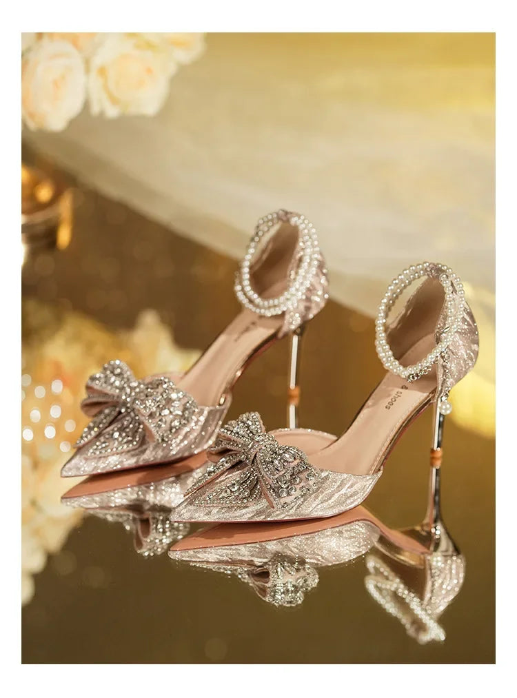 LBSFY -Spring Summer Fashion Pointed Toe Sandals Women's Rhinestone Pearl Butterfly Gold Silver High Heels Party Wedding Heeled Shoes