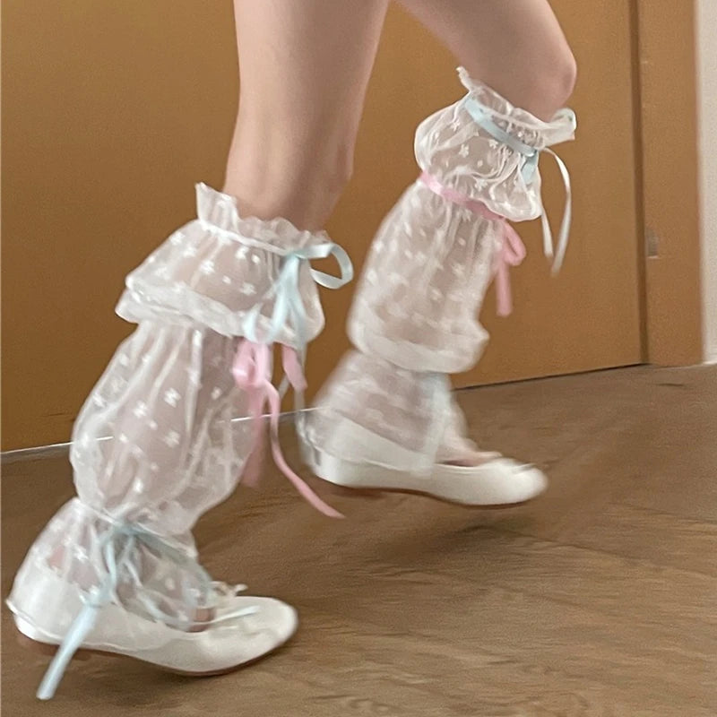 Lbsfy Summer Lace Leg Warmers Fashion Y2K Mid Length Sock Covers Girls Lolita Style Bowknot Sweet Leg Covers Meshes Leg Sleeves Woman
