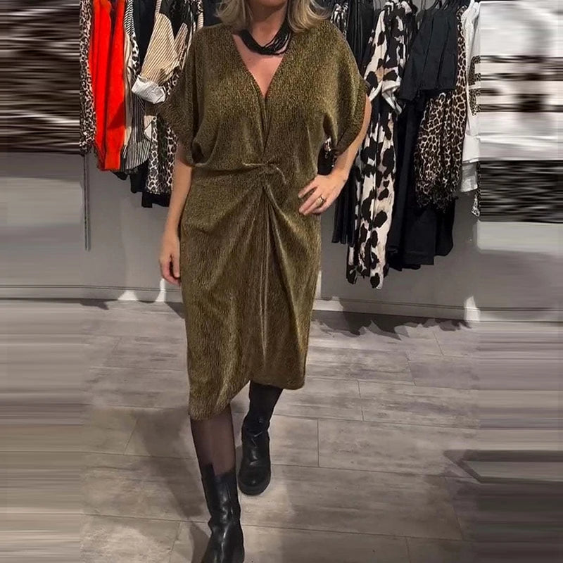 LBSFY  -  Women's Sexy V-neck Short Sleeve Midi Dress Elegant Twist Bright Silk Solid Party Dress Fashion Hight Waist Pleated A-Line Dress
