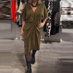 LBSFY  -  Women's Sexy V-neck Short Sleeve Midi Dress Elegant Twist Bright Silk Solid Party Dress Fashion Hight Waist Pleated A-Line Dress