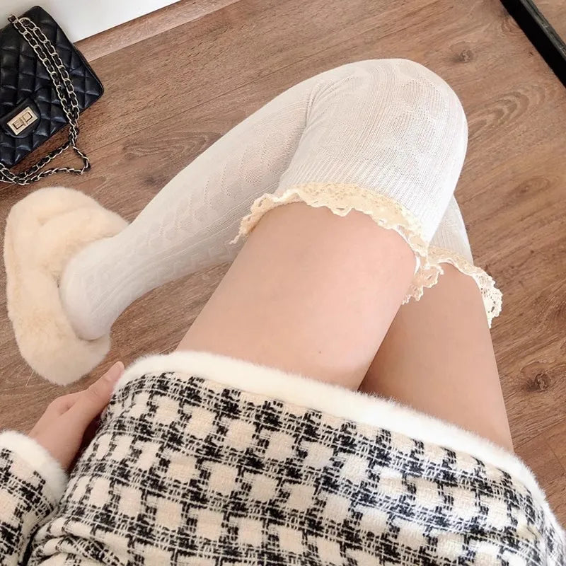 Lbsfy Academic Style Sexy Vintage Lace Long Knee Socks Premium Feel Light Luxury Warm Black White Grey Over Knee Thigh High Stockings