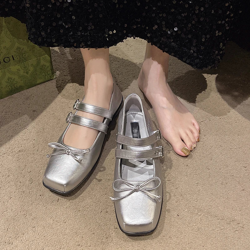LBSFY -New Style Women's Square Toe Shoes Luxury Bow Flats Ladies Ballet Silver Belt Buckle Footwear Elegant Fashion Mary Jane Shoes