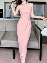 LBSFY -Women's French Vintage Solid Sling Dresses Summer Elegant Square-Collar Split Sexy Zipper Midi Dress Office Lady Party Vestidos