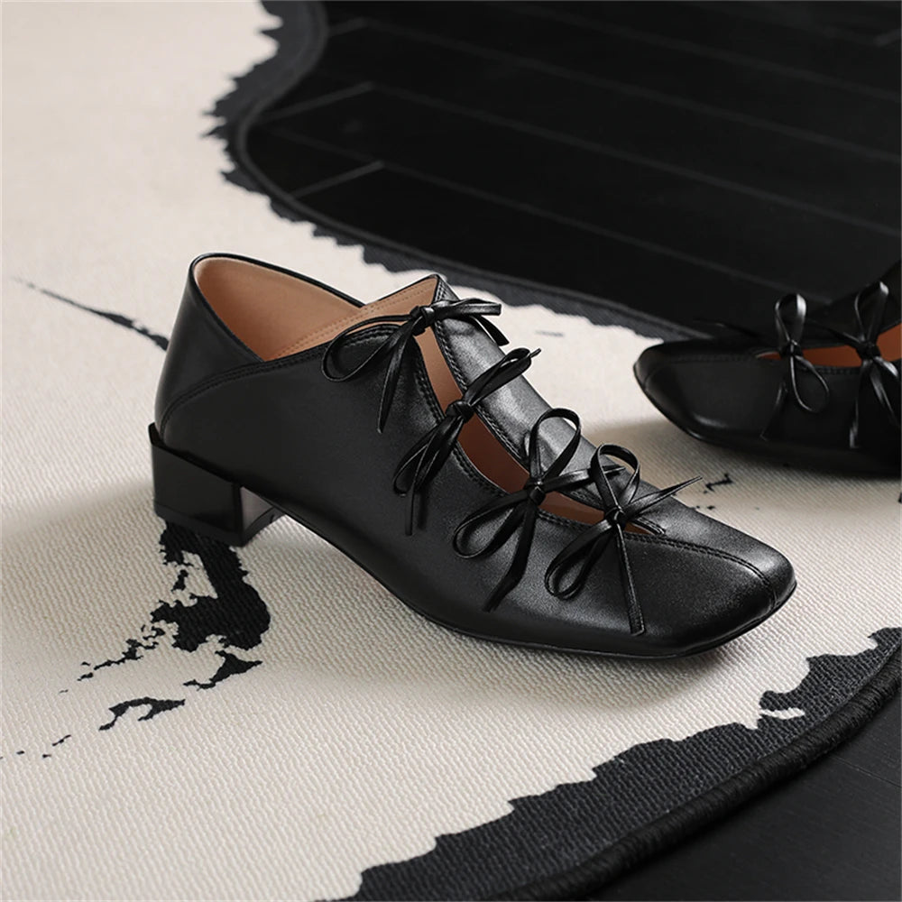 LBSFY  -  2025 Women Genuine Leather Square Toe Thick Heel Mature Sweet Dating Bowtie Party Wedding Shoes Woman Prom Pumps