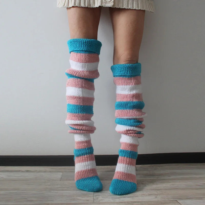 Lbsfy Women's Wool Knee Socks Leg Warmers Fashion Y2K Leggings Striped Long Knee Knitted Stacked Socks Women Winter Accessories