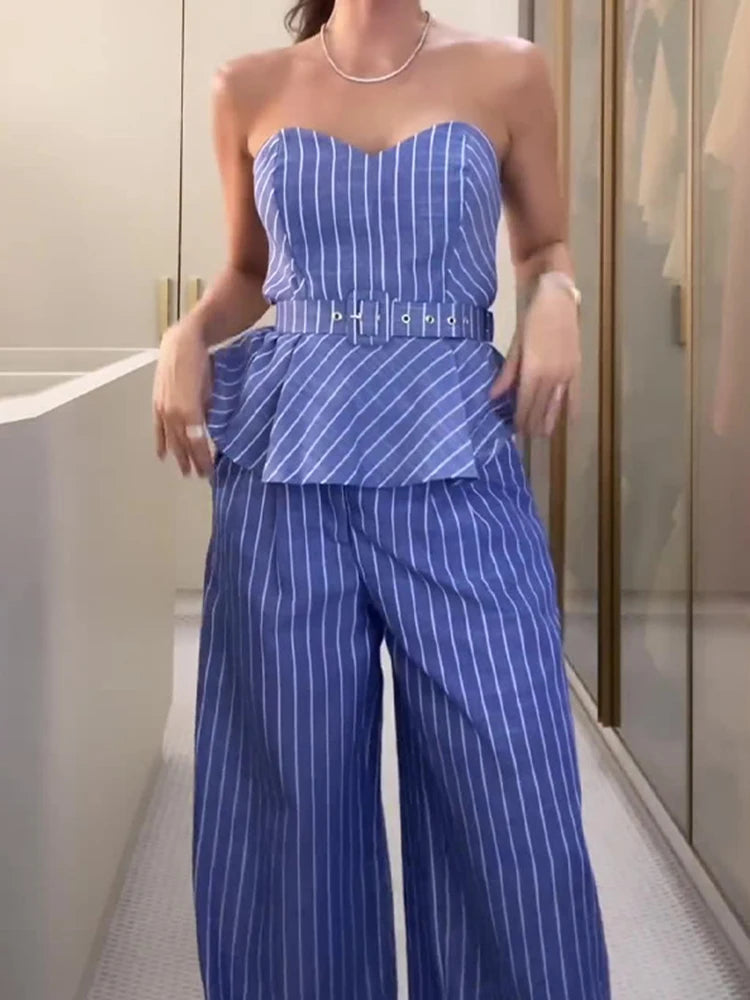 LBSFY  -    2 Pieces Sets Women Casual Crop Top And Pant Off Shoulder Top With Pant Outfits Women Stripe Fashion Matching Sets