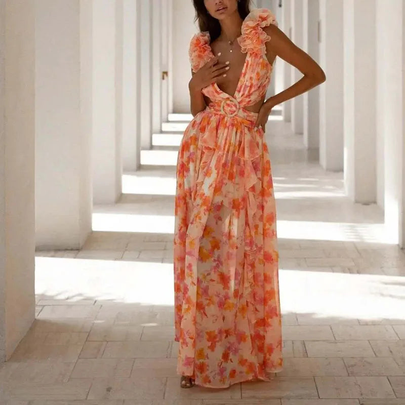 LBSFY  -  Chic Spring Floral Print Ruffle Boho Long Dress Women Sexy Deep V Neck Hollow Party Dress New Summer Sleeveless Split Maxi Dress