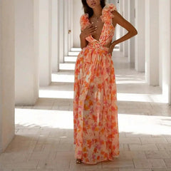 LBSFY  -  Chic Spring Floral Print Ruffle Boho Long Dress Women Sexy Deep V Neck Hollow Party Dress New Summer Sleeveless Split Maxi Dress