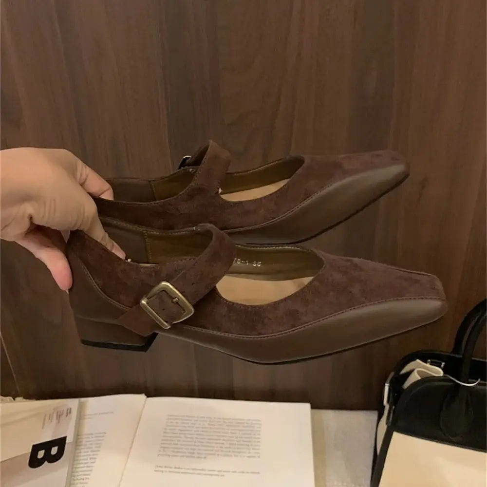 LBSFY  -   Ladies Flat Shoes High Quality Mary Janes Women's Pumps Elegant Dress Pumps Women Square Toe Buckle Strap Low Heel Shoe