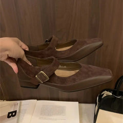 LBSFY  -   Ladies Flat Shoes High Quality Mary Janes Women's Pumps Elegant Dress Pumps Women Square Toe Buckle Strap Low Heel Shoe