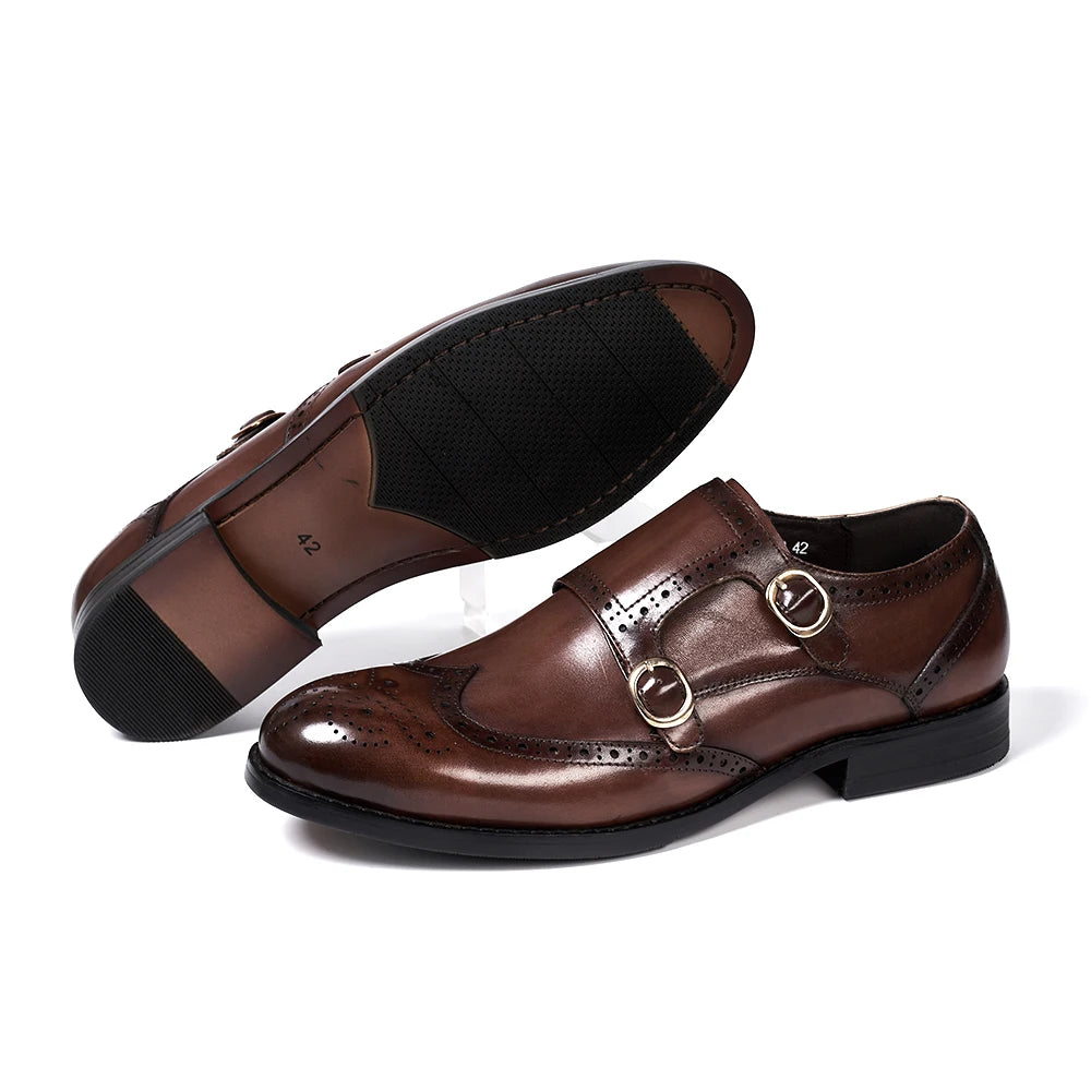 LBSFY  - Classic Brogue Men's Double Buckle Monk Strap Dress Shoes for Men Genuine Leather Wingtip Business Office Wedding Formal Shoes