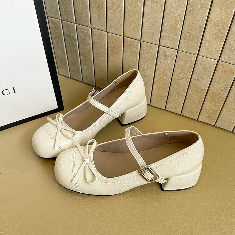 LBSFY -Ballet Style Butterfly-knot Mary Jane Shoes for Women Concise Dress Thick Heel Ladies Footwear