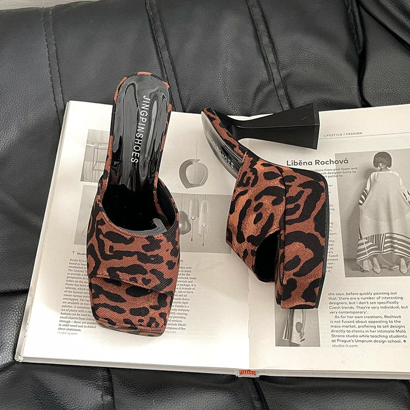 Summer Leopard Print Women Slippers Platform High Heels Party Club Shoes Ladies Elegant Square Toe Dress Slides
