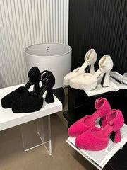 LBSFY  - Pointed Toe Women Sandals Fur Design Ankle Strap Thick High Heels Black White Rose Summer Dress Sandals Platform Shoes Woman 39