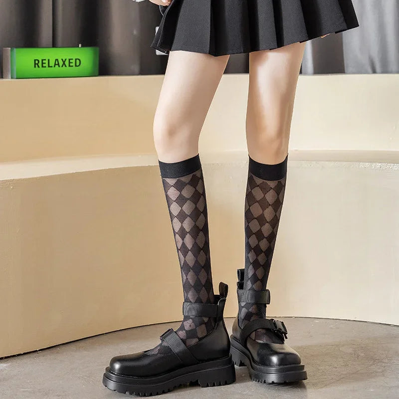 Lbsfy Summer Ultra-thin Transparent Nylon Long Socks Stockings JK Japan Style Knee Socks College Style Plaid Thigh High Socks Stocking