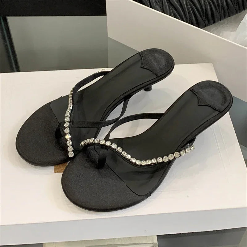 LBSFY -Summer Fashion Crystal Clip Toe Slippers Women Elegant Low Thin Heels Sandals Flip Flops Slide Shoes Zapatos De Mujer