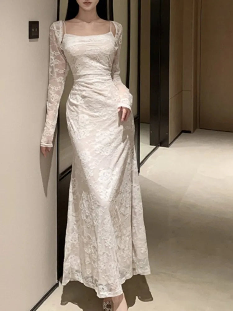 LBSFY -Sexy Women Elegant Bodycon Slim Lace Dress Vintage Casual Backless Evening Party Dresses Female Fashion Long Robe Clothes Autumn