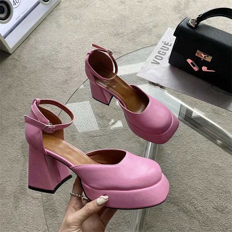 LBSFY  -   Spring New Brand Women Sandal Shoes Fashion Round Toe Close Toe Ankel Strap Mules Square High heel Dress Pumps
