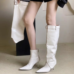 LBSFY -Street Style Sexy Patent Leather Woman Knee-High Boots Thin Heels Long Booties Designer Belt Buckle Strap Stripper Shoes