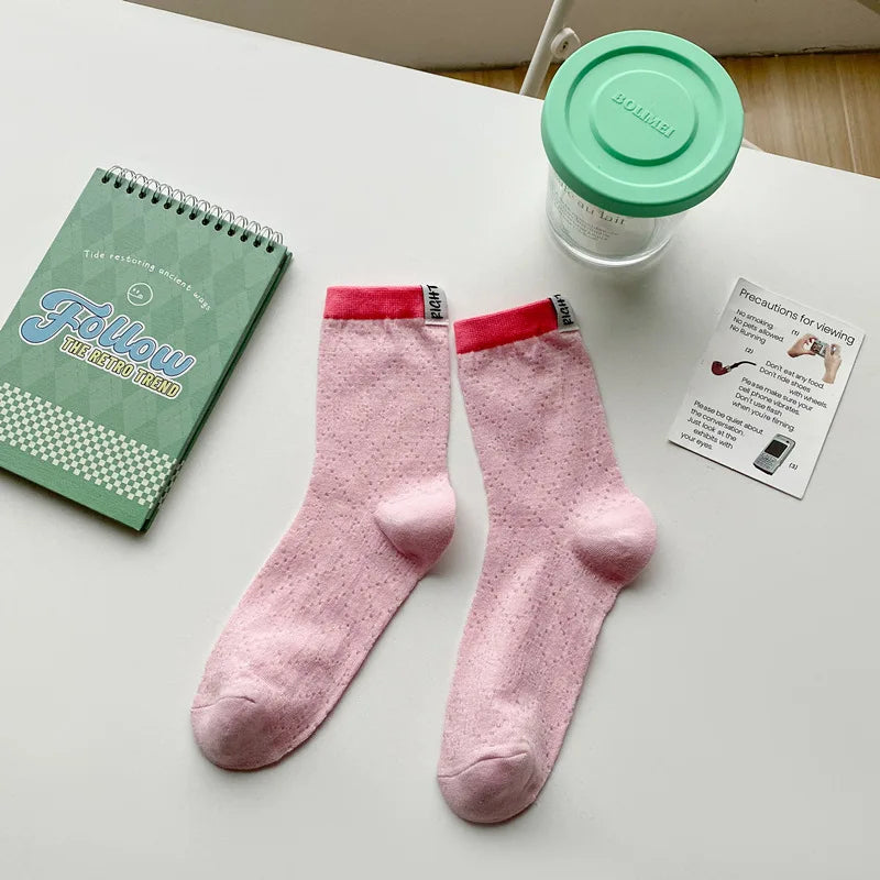 Lbsfy Women's Socks New Fashion Mixed-color Casual Simple Korean Style Striped Socks Female Breathable Cotton Girls School Crew Socks