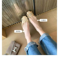 LBSFY -New Women Sandals Metal Square Buckle Leather Thick Heel Square Toe Sandal Spring Casual Low Heel Back Strap Fashion Sandals