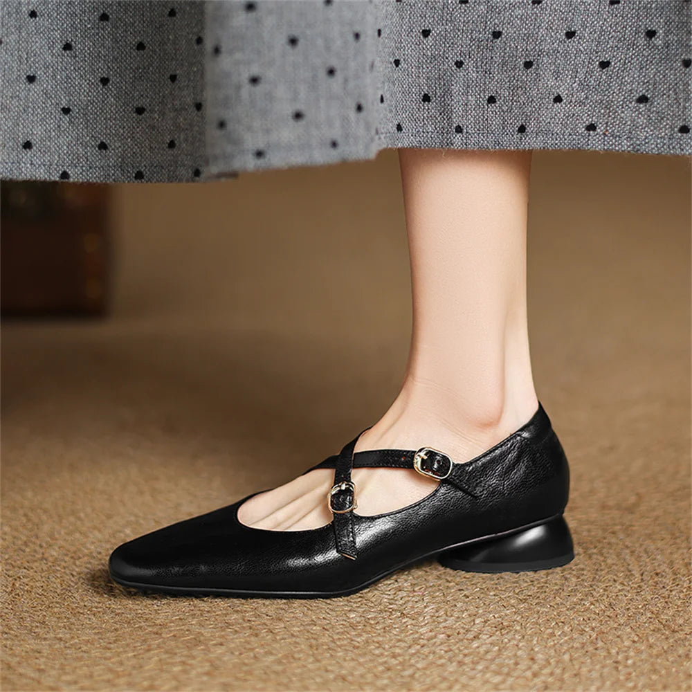 LBSFY  -  Women Mary Jane Shoes Fashion Buckle 2025 Genuine Leather Spring Summer Nightclub Party Pumps Shoes Woman