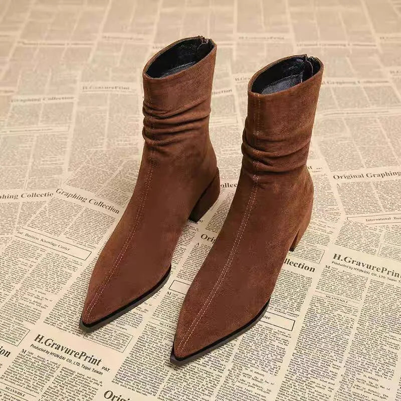 LBSFY -New Women's Pointed Toe Ankle Boots High Heels Sexy Chunky Designer Chelsea Boots Elegant Low Heels Short Booties
