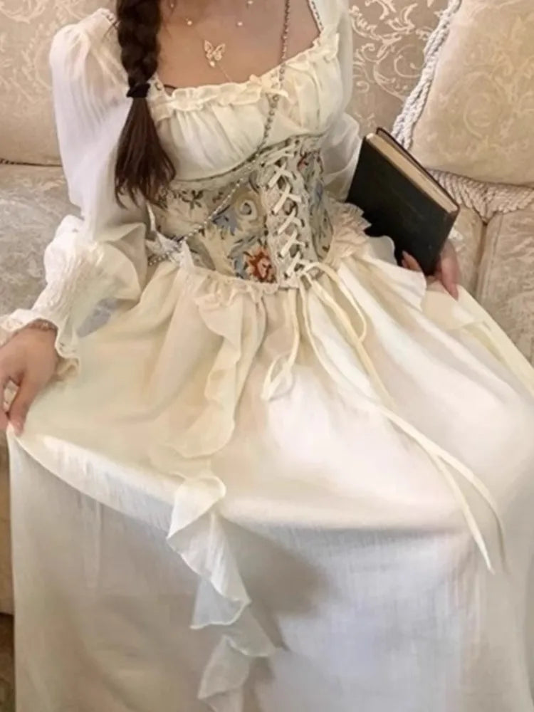 LBSFY -New Women's Elegant Casual Vintage Chic Dresses Sweet Bandage Square Collar Long Sleeves Birthday Party Dress Spring Summer