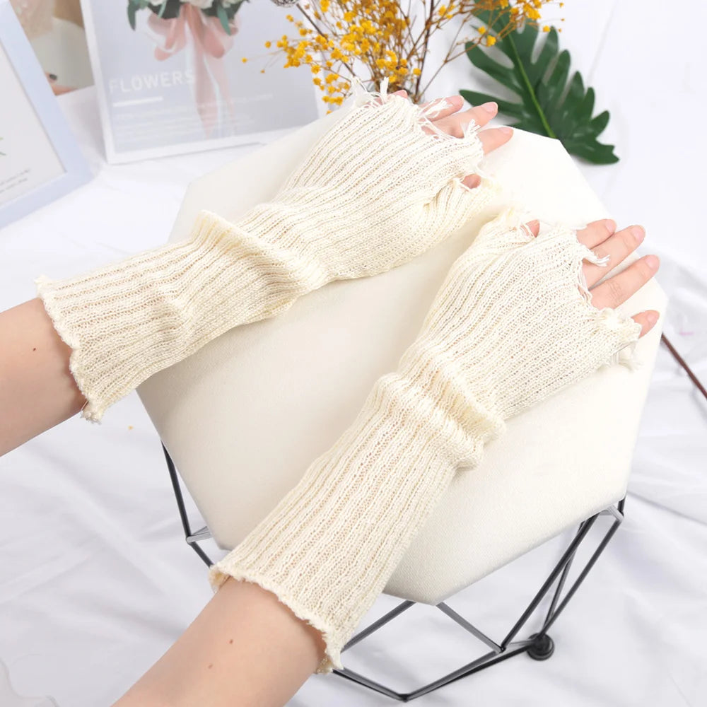 Lbsfy Gothic Anime Soft Gloves Autumn Winter JK Girls Mittens Oversleeve for Women Men Cool Tattered Style Cuff Fingerless Arm Warmers