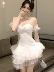 LBSFY -French Elegant White Mini Women's Cake Dresses Slash-Neck Strapless Mesh Sexy Dress Prom Female Clothes New Spring Summer 2025