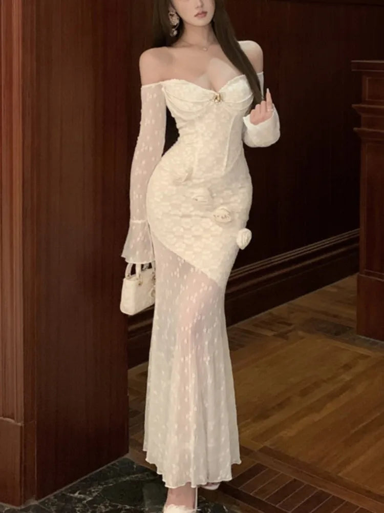 LBSFY -Sexy Elegant Slash Neck Women's Dresses Lace Patchwork Bodycon Party Off Shoulder Long Sleeves Evening Dress 2025 New Vestidos