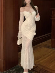 LBSFY -Sexy Elegant Slash Neck Women's Dresses Lace Patchwork Bodycon Party Off Shoulder Long Sleeves Evening Dress 2025 New Vestidos