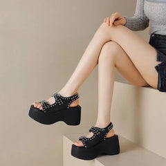 LBSFY  -  2024 New Genuine Leather Shoes Women Sandals Buckle Rivets Platform Sandals Black Ladies High Heels Summer Shoes