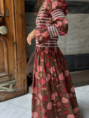 LBSFY  -  Vintage Floral Printed Striped Women's A-line Long Dress Elegant Puff Sleeves O Neck High Waist Vestido Fashion Summer Lady Robe