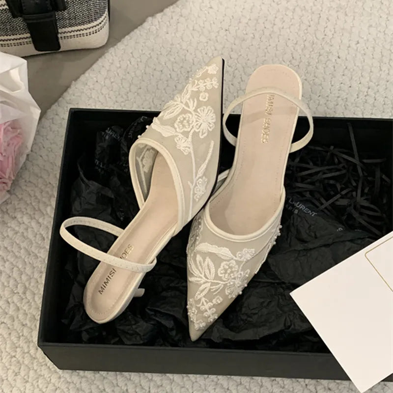 LBSFY  -Silk Sequin Rhinestone Decoration High Heels Muller Single Shoes Pointed Fine Heels Slippers Dress Banquet Female