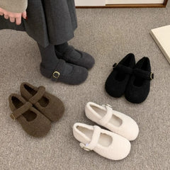 LBSFY -Fashion Round Toe Wool Ballet Flats Woman Concise Warm Plush Loafers Ladies Brand Design Fluffy Mary Jane Shoes in Red Grey