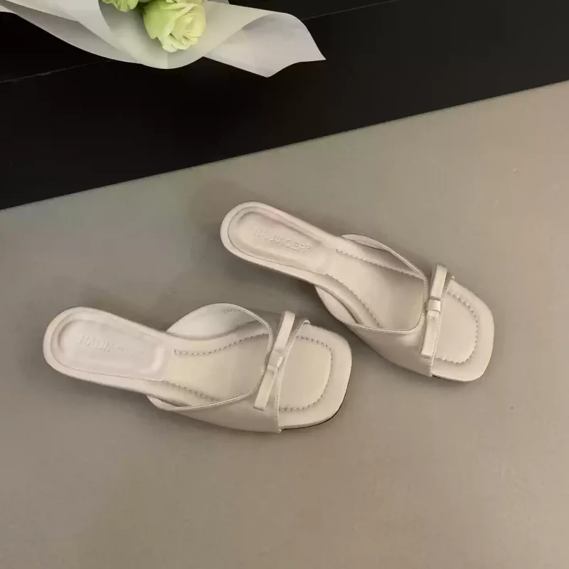 LBSFY - New Comfortable Low Heel Square Head Sandals Sweet Bow Silk Thick Heel Slippers Ladies Outwear Beach Slides Mujer