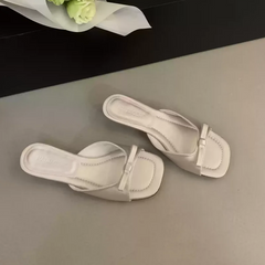LBSFY - New Comfortable Low Heel Square Head Sandals Sweet Bow Silk Thick Heel Slippers Ladies Outwear Beach Slides Mujer