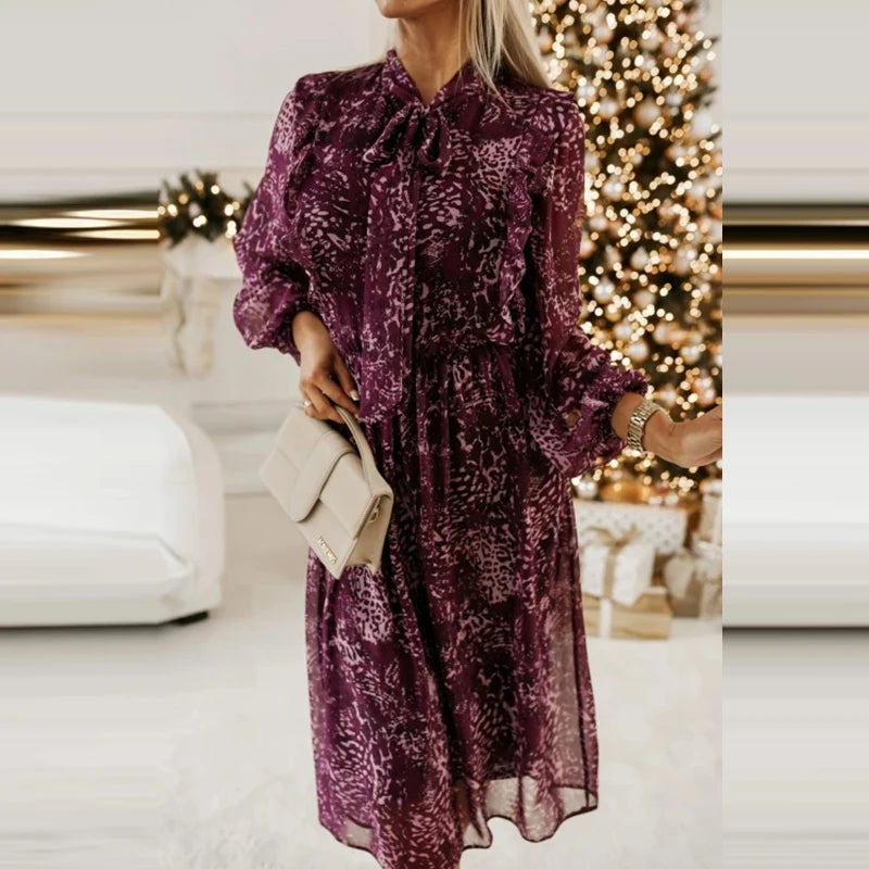 LBSFY  -  Casual Autumn Retro Floral Print Office Long Dress 2025 Elegant Bow Collar Belt Loose Party Dress Women Long Sleeve Waist Dress