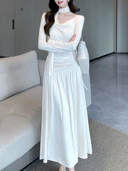 LBSFY -Elegant Solid Evening Dresses for Women Autumn Wedding Prom Robe Pleated Halter Long Sleeves Swinging Collar Vestidos Mujer New