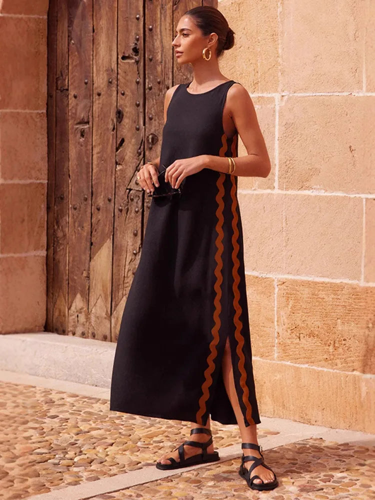 LBSFY  -  New Contrast Women's Split A-line Long Dress Elegant Off Sholder Round Neck Loose Robe Chic Summer Vacation Female 2025 Vestidos