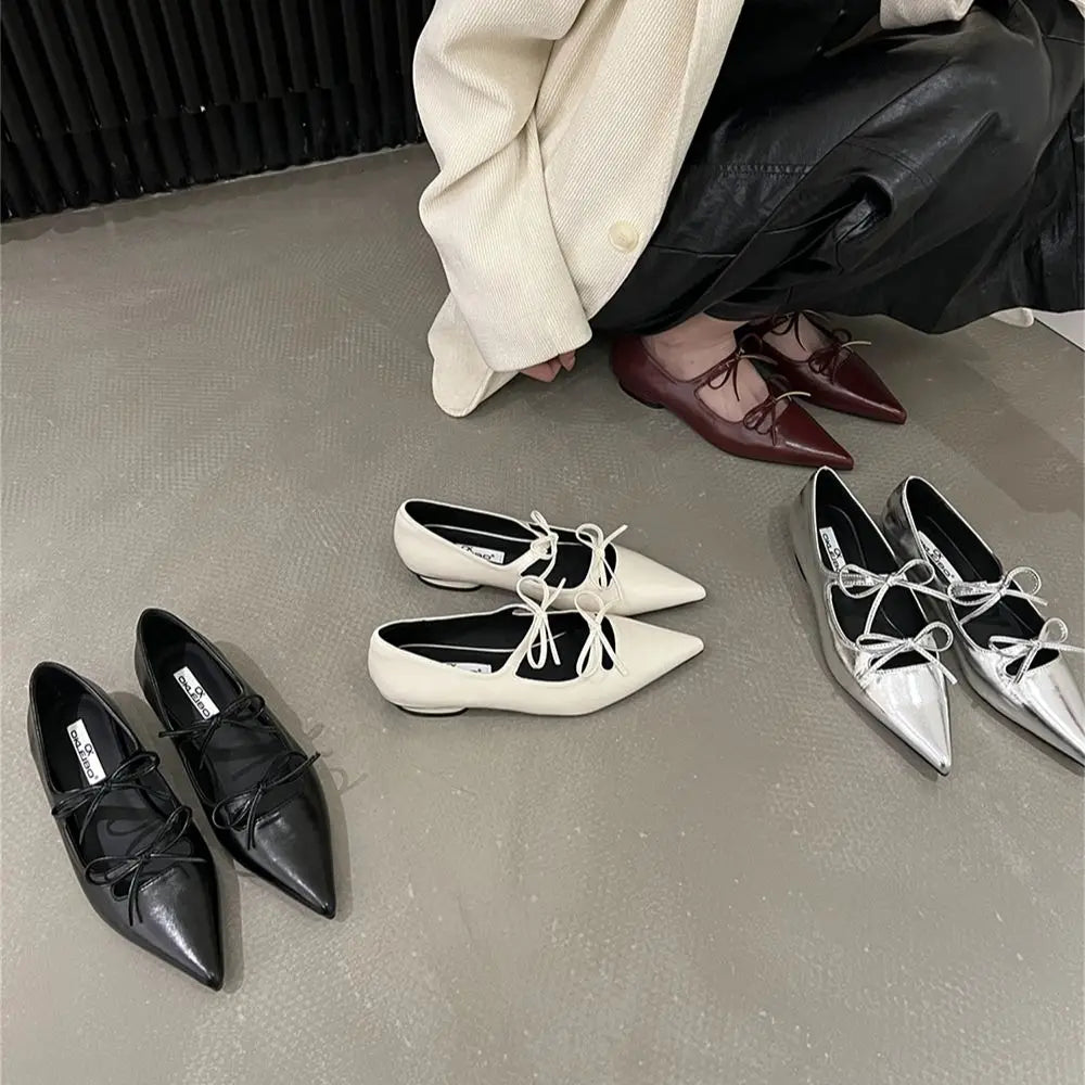 LBSFY  -  Pointed Toe Women Flats Loafers Black White Silver Wine red Fashion Dress Shoes Woman Flat Heeled Bow Design Slip On Party Shoes