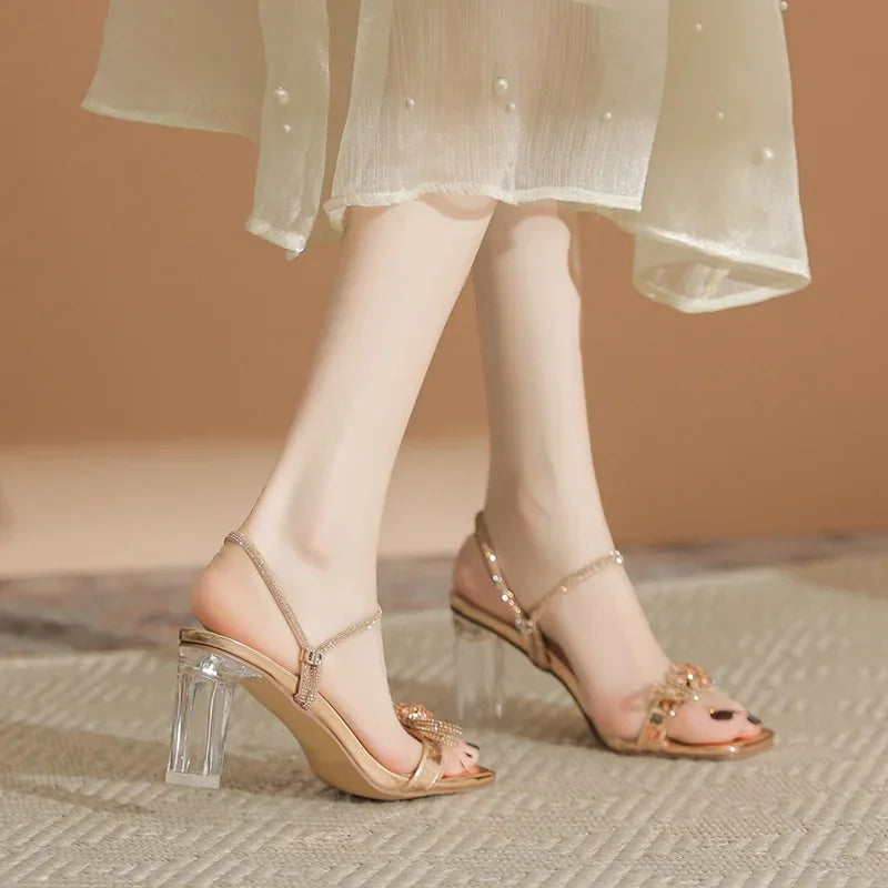 LBSFY  -  Size 30-44 Square Toe Chunky Heel Sandals Women Transparent High Heel Open Toe Summer Sandals Two-wearing Gold Silver Heels