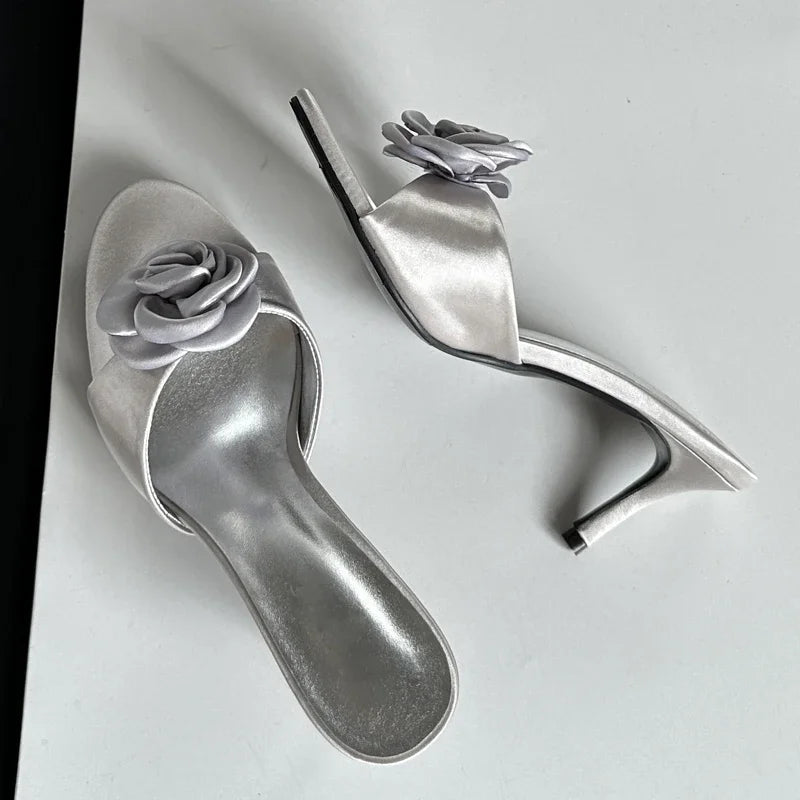 LBSFY -Summer Fashion Flower Woman Slippers Thin Low Heels Party Stripper Ladies Mules Slides Zapatos Mujer
