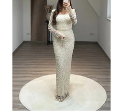 LBSFY  - Beading Pearls Wedding Dress Square Collar Long Sleeves vestidos de noche Rear Forks