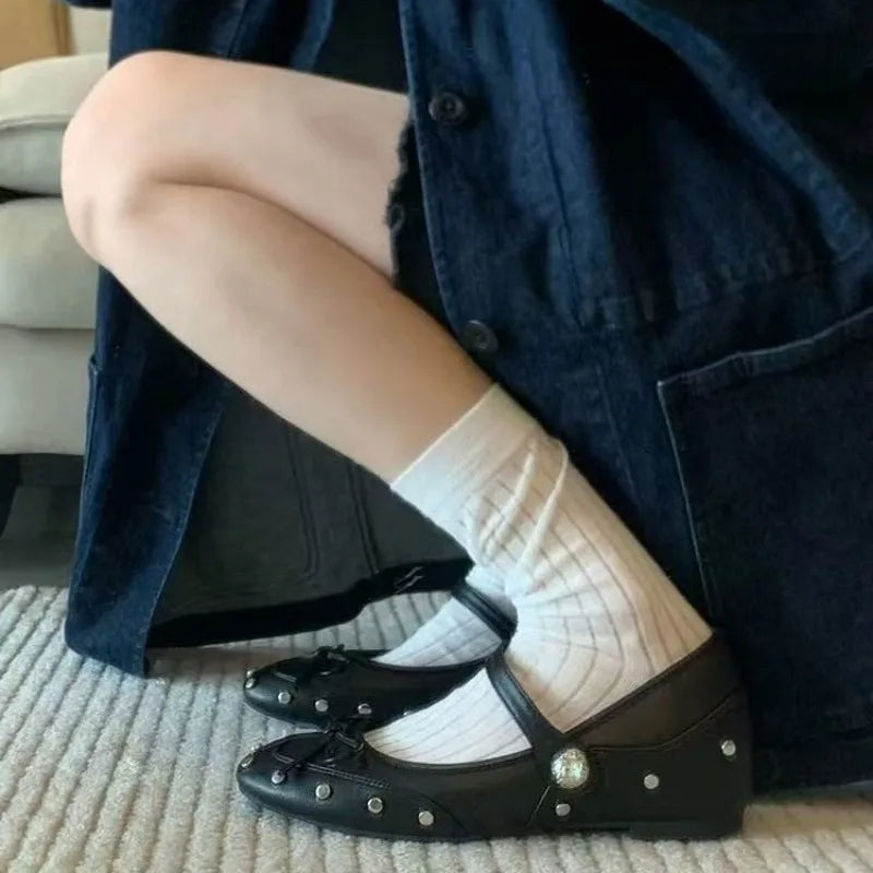 LBSFY -New Style Fashion Elegant Mary Janes Women's Flat Daily Dress Ladies Bow Tie Shallow Buckle Strap Soft Bottom Outdoor Flat Pumps