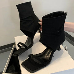 LBSFY -Design Hollow Out Zipper Women Ankle Boots Sandals Fashion Square Toe Thin Low Heels Ladies Shoes Zapatos De Mujer