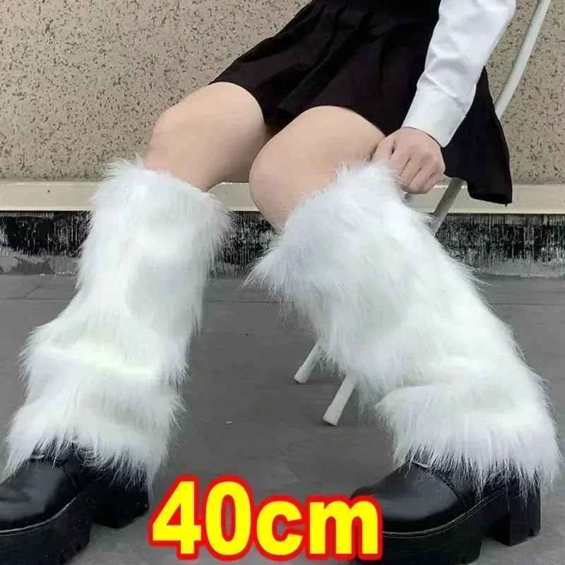 Lbsfy Japanese White Faux Fur Leg Warmers Boot Covers Y2K Goth Solid Leg Socks Punk Jk Knee-length Hiphop Hotgirl Fashion Warm Sock