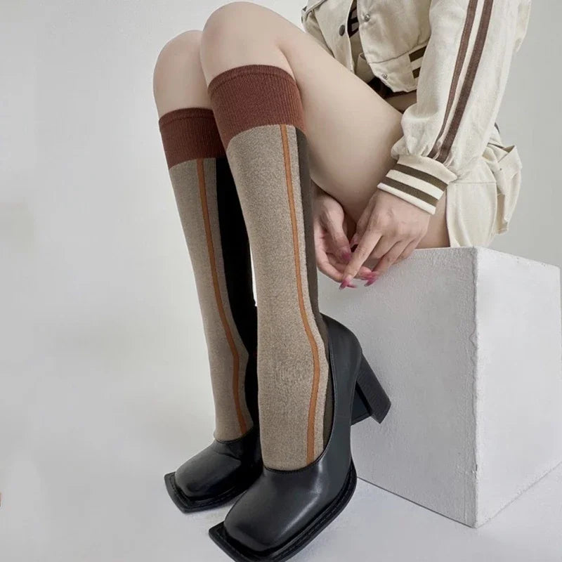 Lbsfy Spring Autumn Ins Fashion Woman Maillard Color Striped Retro Calf Socks Cotton High Tube Soft Sport Eutopean Women's Casual Sox