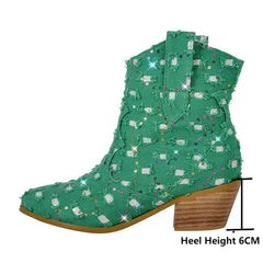 LBSFY  -  Women Pointed Toe Green Colorful Sequins Chunky Heel Female Handmade Western Ankle Boots